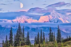 Half moon at sunset over Mt. Crosson and Kahiltna Dome, which are located on the west side of Mt. McKinley within the Denali Wilderness area within Denali National Park, Alaska.